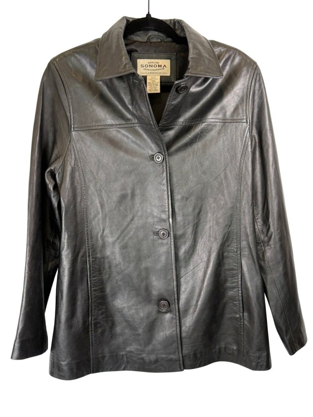 Sonoma Black Lambskin Leather Car Coat Womens Medium Button Front Soft Lined